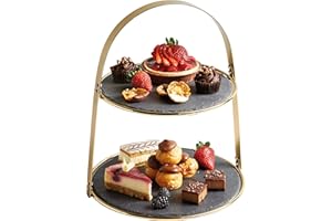 ARTESA Artesà, Patera na Ciasto z Okrągłymi Talerzami, Dwupoziomowa, Kamień Łupkowy, Efekt Mosiądzu, 29,5 × 29,5 × 35 cm