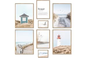 ARTFAVES® Set di poster - SOGNI NORDICI - decorazione da parete in più parti Soggiorno e camera da letto - 8 quadri da parete moderni Hygge, Mare del Nord, mare, spiaggia, dune - cornici rovere
