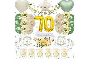70 Geburtstag Deko Männer Frauen, Eukalyptus 70th Happy Birthday Decoration Luftballon Grüne Gold Banner Konfetti Schärpe Servietten Windlicht Tischdeko, Cadeau 70 Frau Mann (Set 70. Geburtstag Deko)