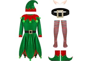 QiaoPkeb 6-teilige Frauen Urlaub Elfen Kostüm Samt Kleid Weihnachten Karneval Rollenspiel Elfen Hut Schuhe Ohrriemen Socken