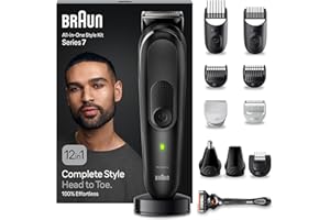 Braun REGOLABARBA STYLING KIT, Tagliacapelli Uomo, Rasoio Elettrico Barba e Capelli, 12-in-1 per Barba, Capelli, Corpo, Naso e Orecchie, 100 Minuti Di Utilizzo Senza Fili, MGK7460