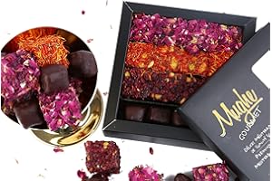 Mughe Gourmet: Estuche de Regalo de Delicias Turcas de Lujo - 360g - 4 Variedades: Chocolate Negro, Rosa, Azafrán, Zereshk con Sabor a Granada - Dulces Lokum - Perfecto para Días Especiales