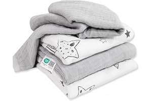 ‎MAKIAN MAKIAN 4 Stück Mulltücher Spucktücher 70 x 70 cm - Mullwindeln doppelt gewebt mit verstärkter Umrandung, maschinenwaschbar bis 60° C, Oeko-TEX® Standard 100 geprüft - Sterne Weiß Grau