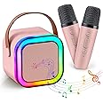 BLOOMINIQUE Mini Karaoke Machine for Kids, Portable Bluetooth Karaoke Speaker with 2 Wireless Microphone and Party Lights, Karaoke Toys Gifts for Ages 4-12 Year Old Christmas Birthday Gifts (Pink)