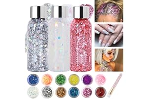 BMHNQ Glitter Maquillaje 3 Piezas Purpurina Corporal Gel Purpurina Cara Purpurina Para el pelo Chunky Glitter Gel Festival Glitter Sirena Lentejuelas Glitter para Ojos (Blanco + Plateado+rosa)
