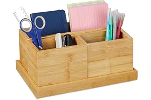 Relaxdays Bambusowy organizer na biurko, 4 wyjmowane przegródki, do biura lub łazienki, naturalny