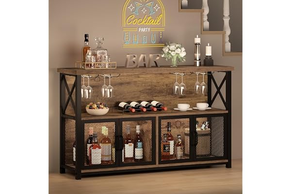Klaxon Wooden Bar Cabinet for Home Large Bar Unit for Living Room with Wine Rack, Hanging Glass Holders & Mesh Door Storage Rustic Bar Table for Home & Bar Counter for Home