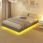 HOMCOM Floating Bed Frame 140 x 190 cm with LED Lights, Bed Frame, Grey | Upholstered in Linen, Wood Slats, Quiet, Easy to As