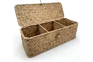 Naturligt sjögräs, förvaringskorg 32,5 x 12 x 10,5 cm – rektangulär flätad korg med lock och 3 fack, multifunktionell förvari