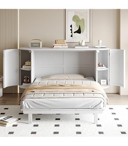 NNJN Mobiel kastbed met laden aan het einde van het bed en een klein rek aan de zijkant van het bed, verwisselbare platformbedden, wit (140 x 200 cm
