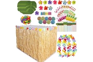 GENERIC Hawaiian Tropical Decoration Set - Party Accessories With Grass Table Skirt, Garland Palm Leaves, Colored Umbrellas, 3D Fruit Straws for Jungle Garden