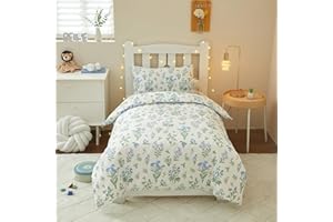 Ruccit Girls Cot Bed Duvet Cover Set 100% Cotton Floral Toddler Bedding White Kids Quilt Duvet Cover Blue Flower Junior Bedding 2pcs- Cot Duvet Cover & Pillowcase Set,Soft,Breathable,120x150cm