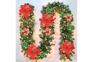 Timiyou Pre-Lit Artificial Christmas Garland, Green, Warm Lights, Decorated with Red Flowers, Balls, Berries, Snowy Pine for Home Stairs Fireplace Front, Christmas Decorations, 9 Ft