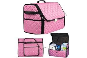 GOSOYO Leather Car Trunk Storage with Lid, Foldable Car Organizer, Boot Storage with Pockets and Dividers, Trunk Organizer, Non-Slip Design (Pink-Black)