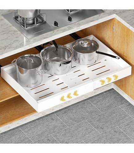 Farerkass Tiroir Coulissant Cuisine Adhesif, Rangement Coulissant Placard Cuisine Noir, Tiroir Télescopique Extensible Largeur Ajustable 32-52cm, Sans Perçage Ni Clouage Requis (1 Pièces