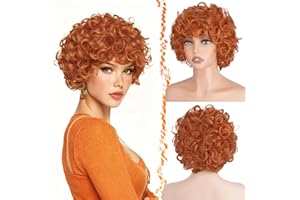 BARSDAR Corto Ricci Parrucca Zenzero Rame, Corto Sintetico Arancione Rosso Ondulato Parrucca per le Donne Roper Costume Parrucche Festa Disco Afro Riccia Anni ’70 Halloween