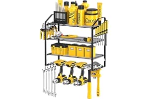 Mutool Power Tool Organizer Storage Rack Wall Mount Drill Holder for 4 Power Drill Tools, Mesh anti-drop design, Tool Shelving with Side Screwdriver Rack and hooks for Garage, Workshop (Black)