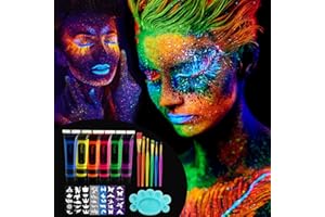 SUNSHINE SMILE 19 sztuk farb UV, 6 x 25 ml, fluorescencyjne farby w zestawie do makijażu, farby do ciała, zestaw farb do makijażu dla dzieci, czarne światło, brokatowe kolory, neonowe kolory do malowania ciała