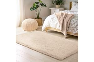 BEIMO Small Fluffy Faux Fur Bedside Rug 50x80cm, Soft Shaggy Rugs for Bedroom, High Pile Rugs, Non Shedding Plush, Solid Colour Shaggy Rug for Living Room, Beige