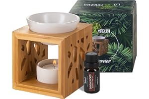 La Madera Bamboo Wooden Oil Burner Wax Melt Burner Oil Diffuser with Ceramic Candle Holder and 10 ml Bottle of 100% Pure Sandalwood Oil (White)