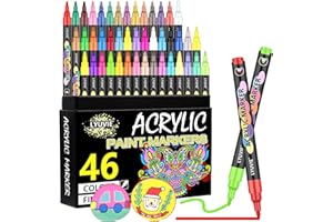 Lyuvie Feutre Acrylique, 46 Couleur Marqueur Peinture Acrylique pour Textile Verre Galets Métal Tissu Bois Céramique, Permanent Stylo Peinture Acrylique avec Pointe Extra Fine de 0,7 mm