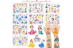 XINGSKY Tattoo Kinder, 8 Blätt Prinzessin Temporäre Tattoos für Kinder 180+ Prinzessin Sticker für Kindergeburtstag Party Deko Hautfreundliche Temporäre Kindertattoos
