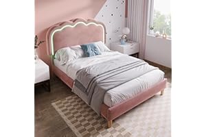 ‎MERAX Merax Kinderbett Polsterbett 90x200cm, Einzelbett Bettgestell mit Lattenrost & Verstellbares Kopfteil, süßes Jugendbett mit LED-Kopfteil in Puff-Form, Gepolstertes Bett, Samt, ohne Matratze, Rosa