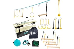 France Trampoline - Slackline et Parcours d’Obstacles pour Enfants – Parcours Ninja avec 12 Obstacles et Slackline de 25m - Jeu d'Extérieur pour Enfants et Adultes jusqu'à 110kg