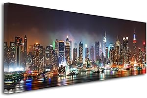 DECLINA Tableau Panorama New York by Night - Impression Photo Ville sur Toile décoration Murale Paysage - Déco Maison, Cuisine, Salon, Chambre Adulte - Multicouleur 100x35 cm