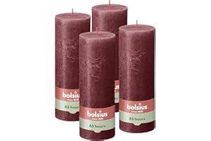 Bolsius Rustykalna świeca filarowa, ciemnoczerwona, 4 sztuki, długi czas palenia 85 godzin, świeca domowa, dekoracja wnętrz, bezzapachowa, naturalny wegański wosk, bez oleju palmowego, 19 x 7 cm