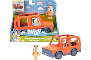 Bluey Heeler Family Road Trip pojazd z 4 kołami, zawiera przegubową figurkę chili, z otwartym dachem, aby łatwo dopasować 4 figurki wewnątrz, idealna do wszystkich figurek 6 cm (sprzedawane oddzielnie
