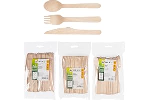 HEKU be green - Juego de cubiertos desechables de 150 piezas de madera de abedul, 50 cuchillos (16,5 cm), 50 tenedores, 50 cucharas (15,7 cm), compostables, fabricados con materias primas renovables y