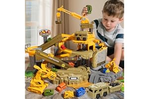 lerrbo Railcar Mining Site Playset with Climbing Hills Ramp Track & Crane, Building Gift Set for Boys 3 4 5 6 7, Construction Toy Set with Electric Lift & Trucks for for Kids Ages 4-8