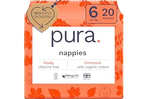 Pura Ekologiczne pieluchy dla niemowląt, rozmiar 6, 1 opakowanie (20 pieluszek), ultramiękkie pieluchy dla skóry wrażliwej, bawełna organiczna, ochrona przed wyciekiem do 12 godzin, akredytowane przez
