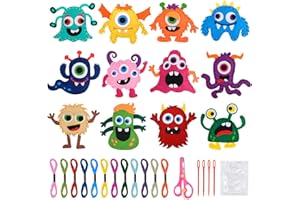 Kuvarix 12 Stück Nähset Kinder, DIY Nähen Kinder Filz Bastelset Kinder ab 4 5 6 7 8 Jahre, Filz Monster Basteln mit Farbige Stickgarn, Füllwatte, Plastiknadeln, Art Craft Geschenk für Jungen Mädchen