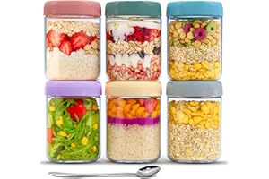 UNIQUE IMPRESSION 6-Pack 480ml Glass Breakfast Jars with Airtight Leakproof Lids & 6 Stainless Steel Spoons – BPA-Free Mason Jars for Overnight Oats, Yogurt, Smoothies, Porridge & Healthy On-the-Go Snacks