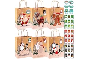 wohot Sacchetti Regalo di Natale con Manici, 24 Sacchetti Regalo Natalizi in Carta Kraft - 6 Modelli a Tema Natalizio con 33 Adesivi su Cui Puoi Scrivere il Nome e 24 Tag Regalo (23 x 9 x 18cm)