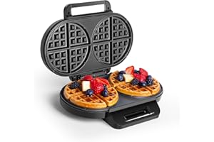 VonShef Double Waffle Maker – Round Belgian Waffle Machine with Non-Stick Plates, Auto Temperature Control, Cool Touch Handle, Chaffles Maker Serves Savoury Snacks & Desserts – 1200W, Silver