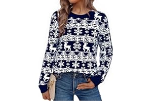 Litherday Sweter bożonarodzeniowy damski na Boże Narodzenie, sweter z dzianiny, okrągły dekolt, długi rękaw, renifery, płatki śniegu, miękki sweter, Boże Narodzenie, zima