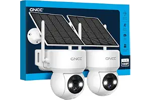 GNCC 2PCS Camara Vigilancia WiFi Exterior Solar con Bateria Sin Cables | 1080p/2MP Visión Nocturna Color, 360° PTZ, Humana Detección de IA, PIR Sirena, Audio Bidireccional