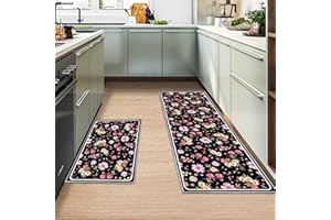 MIQEBX 2 Pcs Kitchen Rugs and Mats, Anti Fatigue Kitchen Rug Sets,Comfort Floor Mats Washable Non Slip Kitchen Rug Runner for Office Sink Laundry (Flowers C, 43x150cm+43x75cm)