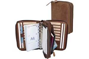 ALMADIH Agenda in pelle A6 Portadocumenti Calendario 2024 Marrone Vintage Cartella Portablocco Organizer Porta Documenti Conferenza Anelli + Block Notes Organizzatore Carpetta (KO-A6-BV)