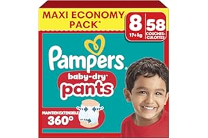 Pampers Baby Dry Pants Taille 8, 58 Couches-Culottes, 17kg+, Maintien 360° Pour Aider À Éviter Les Bâillements et Les Fuites