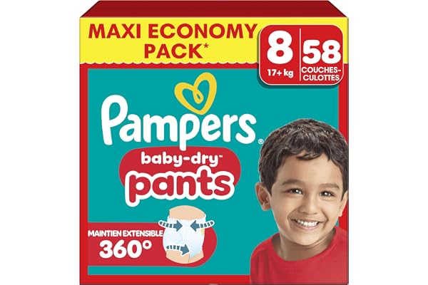 Pampers Baby Dry Pants Taille 8, 58 Couches-Culottes, 17kg+, Maintien 360° Pour Aider À Éviter Les Bâillements et Les Fuites
