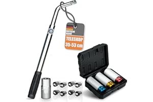bonsport Teleskop Radmutternschlüssel Auto 17/19mm - Inkl. 3er-Set Felgenüsse & 8er-Set Reifenmarkierer - Radschlüssel ausziehbar - 1/2 Zoll Radschraubenschlüssel