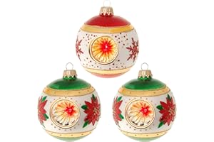 Krebs Glas Lauscha - Dekoracja bożonarodzeniowa/ozdoba choinkowa ze szkła - Bombki bożonarodzeniowe - Kolor: zielony/czerwony Reflex - 3 sztuki - Rozmiar: ok. 8 cm