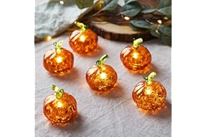 Lights4fun Set of 6 Glass Pumpkins Battery Operated LED Autumn Halloween Light Up Decorations 7cm