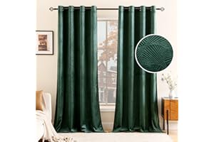 EMEMA Rideaux en Velours avec Motif de Folium Ginkgo Rideaux à Oeillets Décoratifs Opaques Rideaux en Forme d'éventail pour Chambre Salon ou Chambre d'enfants Lot de 2 Vert Foncé 140x145cm