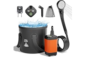 Mytrix Upgraded Portable Camping Shower Set completo, pompa ricaricabile da 6000 mAh con Smart Display, testina spray multimodale, secchio d'acqua da 5 Gal, colore arancione