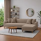 AMATA Omega Solid Wood 4 Seater Lshape Camel Suede Velvet Sofa Set with Four Cushions Perfect for Home Office Guests Living R